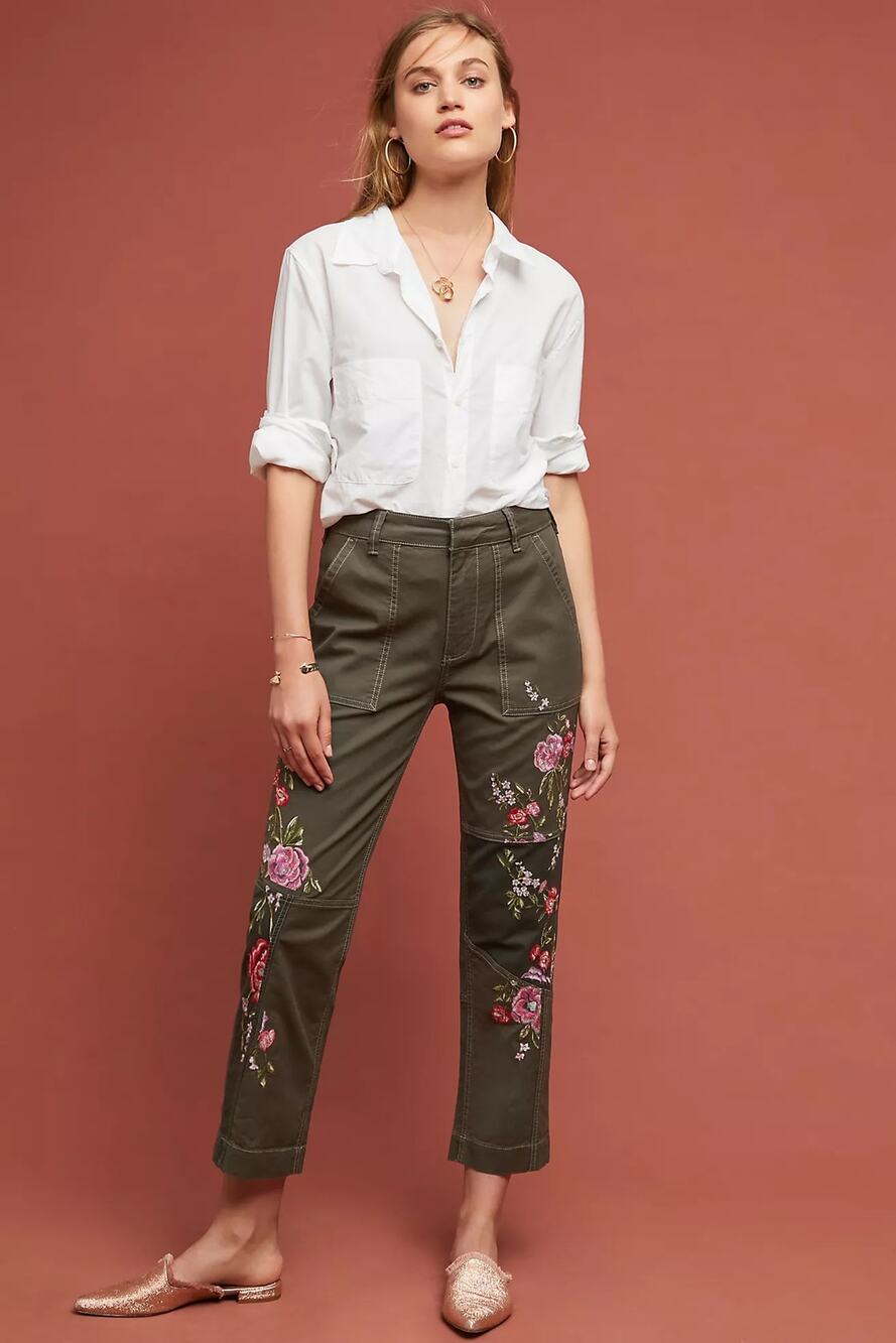 Anthropologie Floral Embroidered Utility Pants Size 30 Olive Green Cotton Linen
